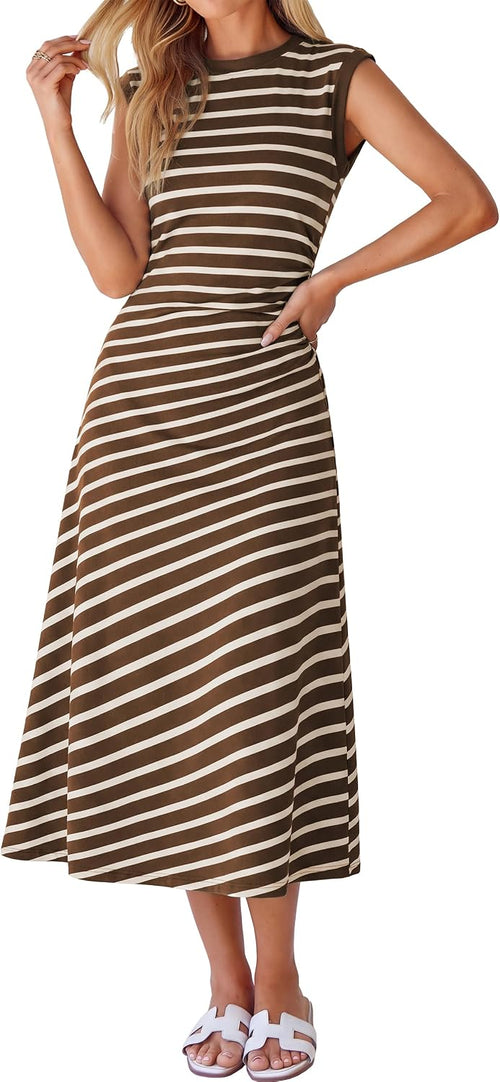 Cap-Sleeve T-Shirt A-Line Midi Dress in Brown