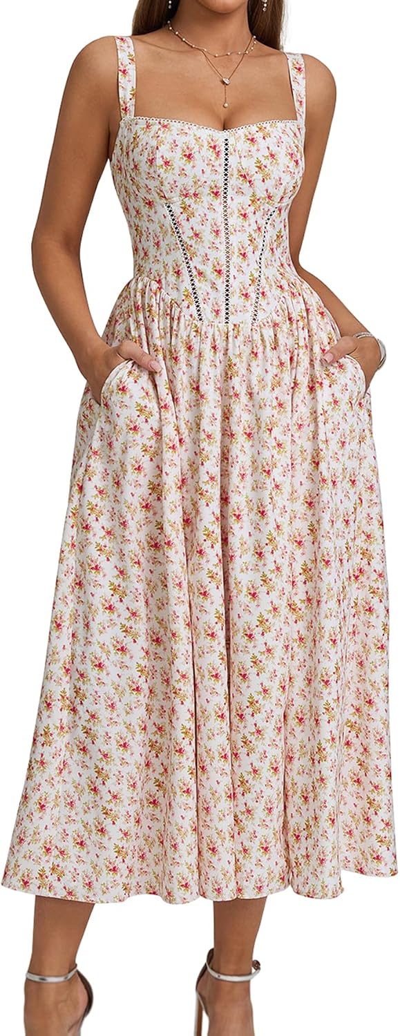 Floral Corset Midi Dress with Slit and Pockets in Rose