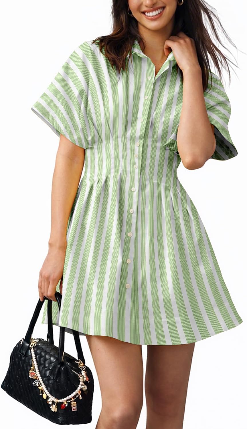Collared Button-Down Mini Shirt Dress in Green Stripe