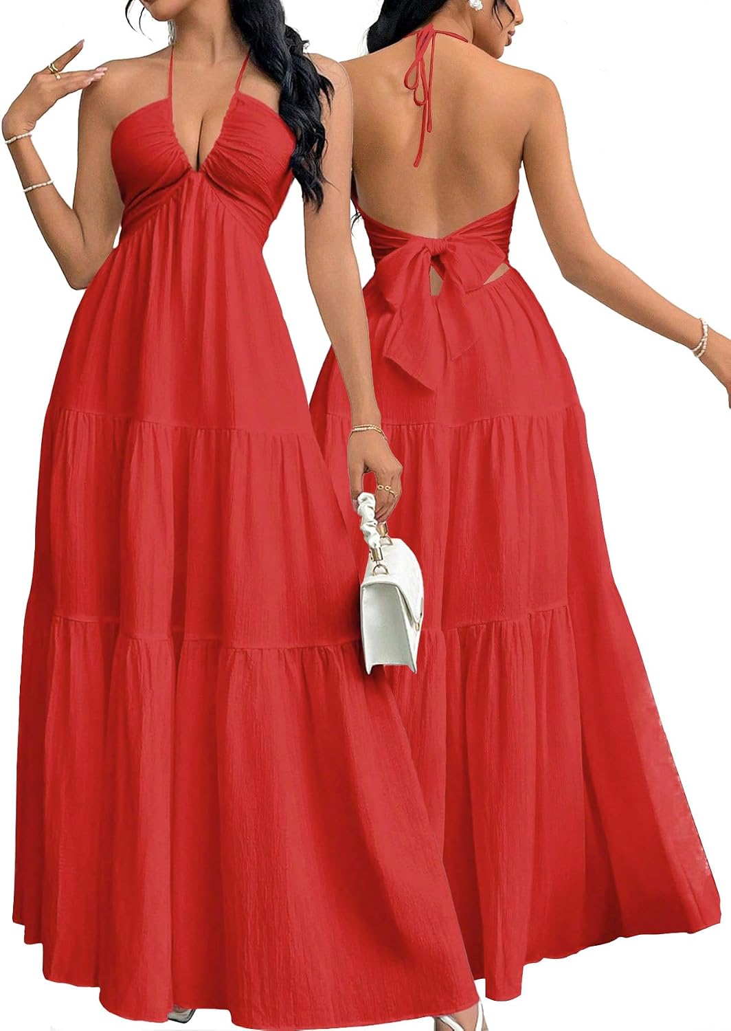 Halter V-Neck A-Line Maxi Dress in Red
