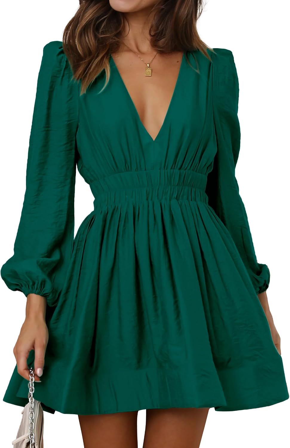 Deep-V Long-Sleeve A-Line Mini Dress in Green