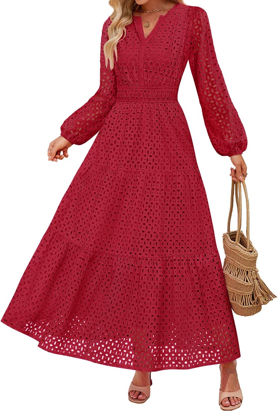 Eyelet V-Neck Long-Sleeve A-Line Dress in Red