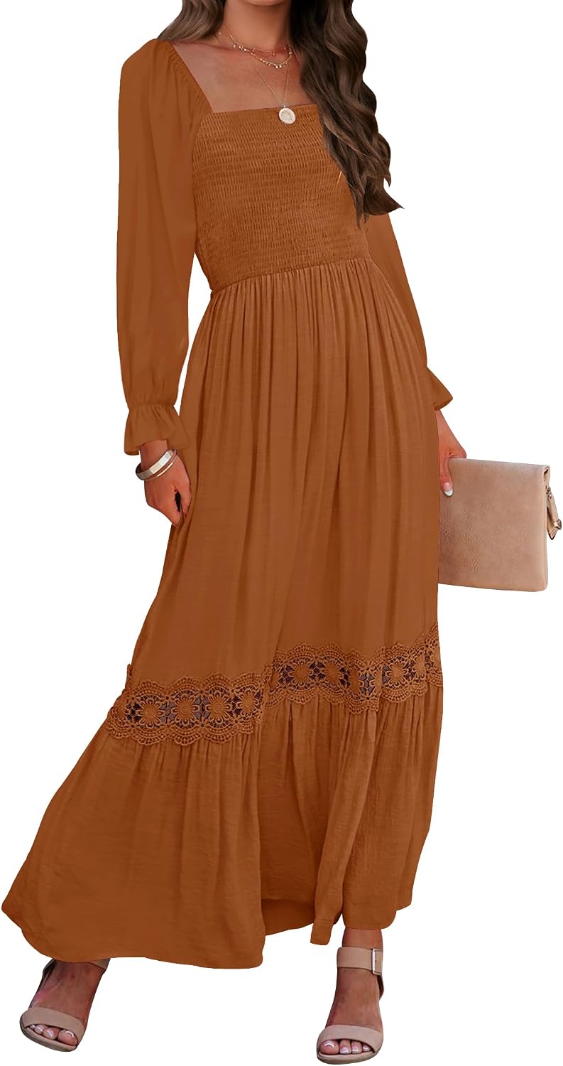 Smocked Square-Neck Long-Sleeve Maxi Dress in Brown