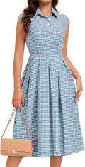 Plaid Sleeveless Collared Button-Up A-Line Dress in Blue 2