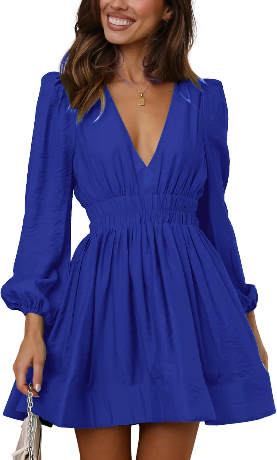 Deep-V Long-Sleeve A-Line Mini Dress in Bright Blue