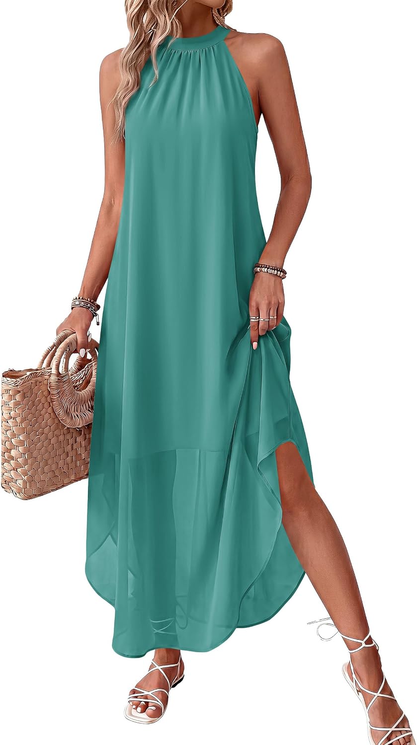 Halter Asymmetric-Hem Flowy Maxi Dress with Pockets in Cyan Blue