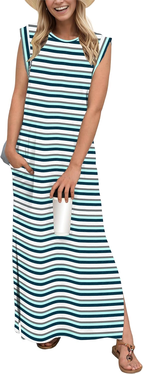 Crew-Neck Loose Maxi Dress with Side Slits and Pockets in Colorful Blue Stripe