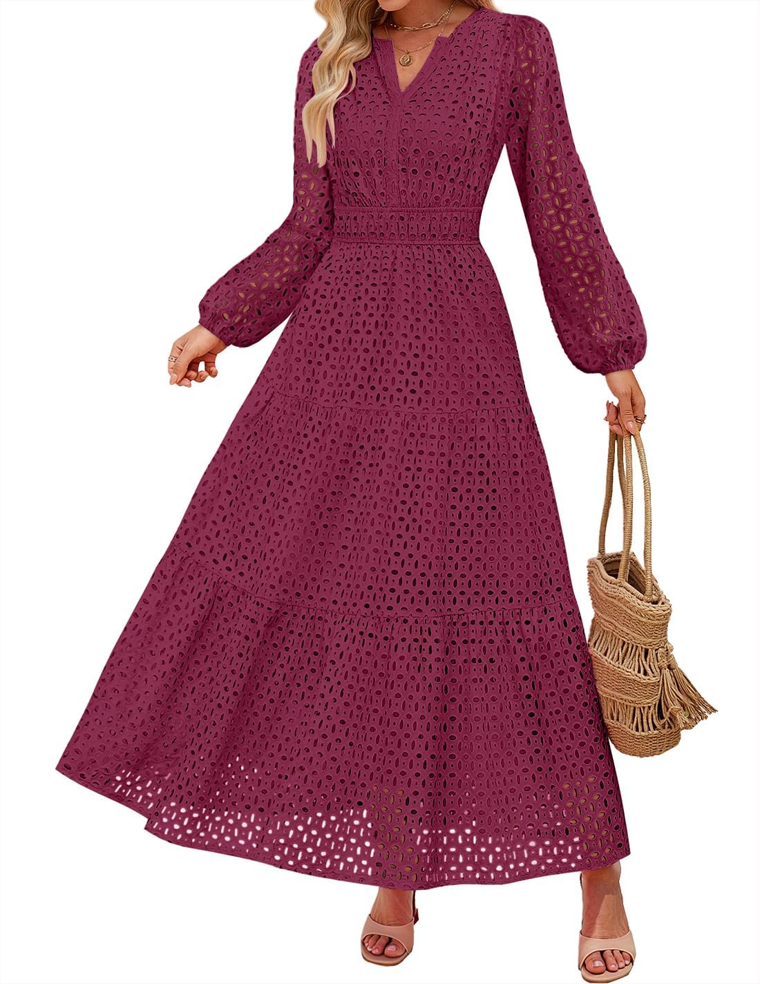 Eyelet V-Neck Long-Sleeve A-Line Dress in Fuchsia