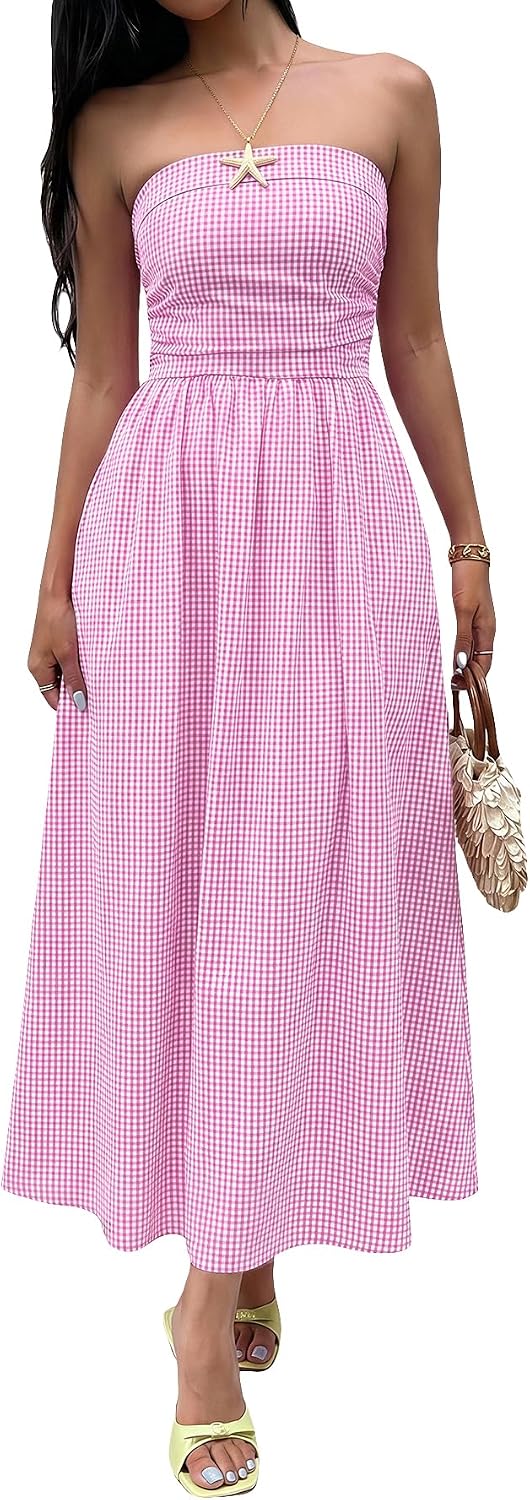 Striped Strapless A-Line Maxi Dress with Pockets in Pink and White