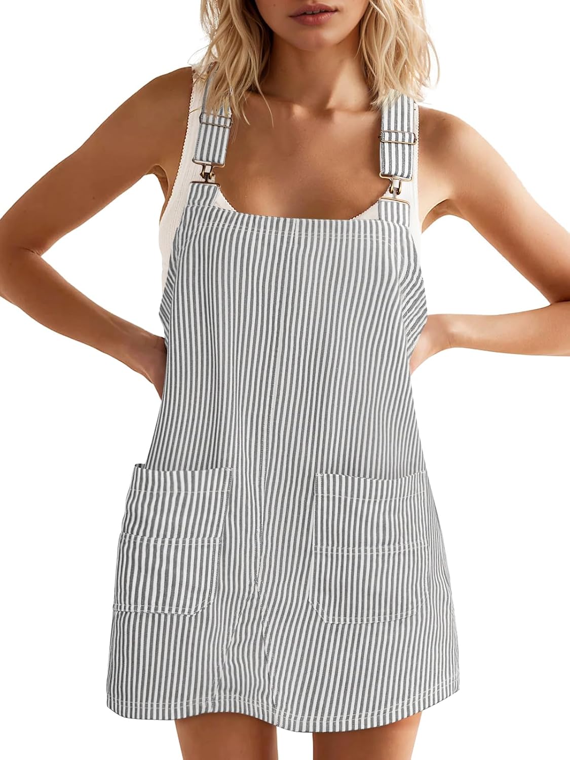Striped Denim Overall Dress with Pockets in Light Gray