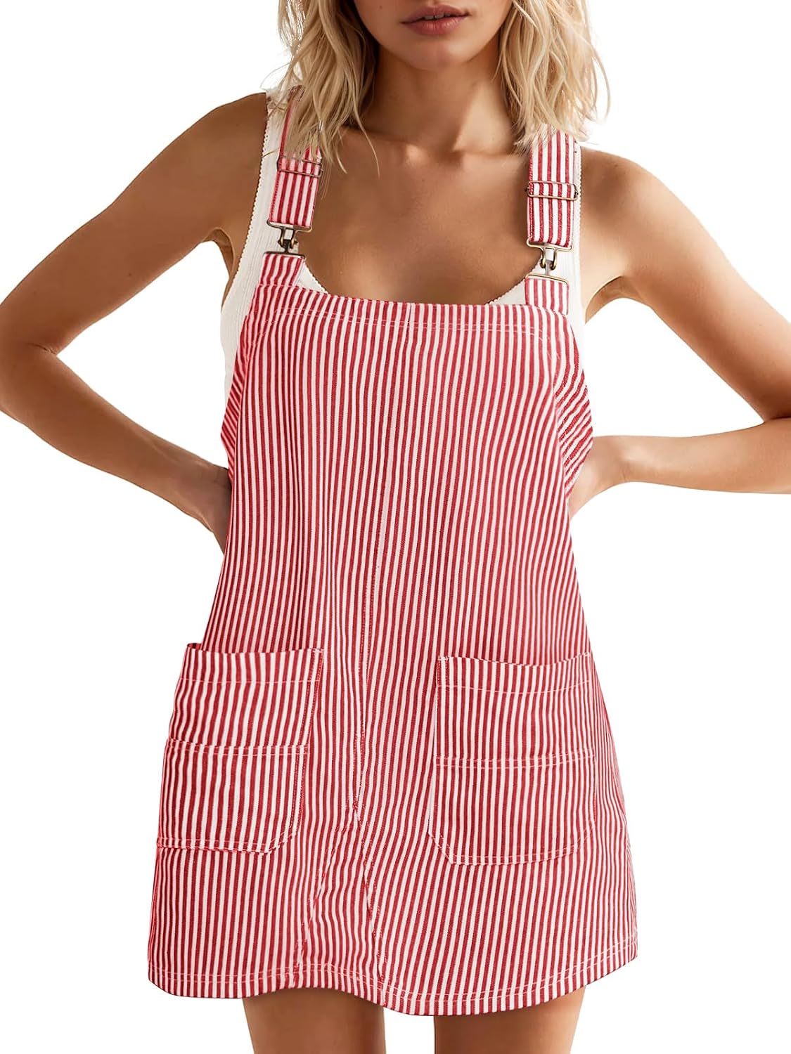 Striped Denim Overall Dress with Pockets in Red