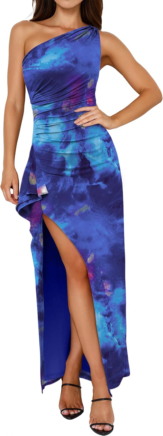 Floral One-Shoulder Bodycon Maxi Dress with High Slit in Blue Floral