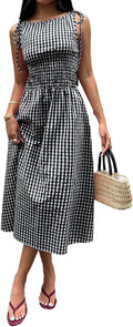 Gingham Smocked-Waist Maxi Sundress with Pockets in Black