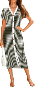 Striped Ribbed-Knit V-Neck Bodycon Midi Dress in Army Green