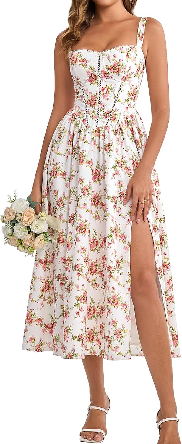 Floral Corset Midi Dress with Slit and Pockets in Rose Floral