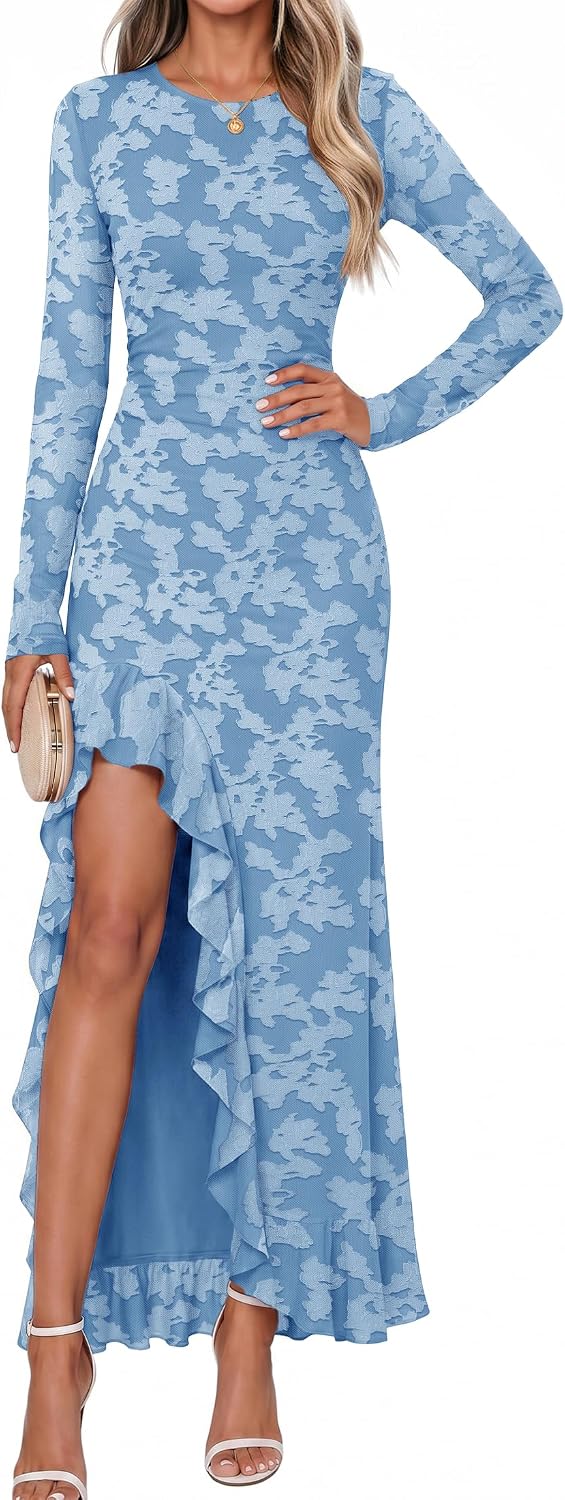 Floral Long-Sleeve Ruched Maxi Dress with Ruffle Hem in Blue