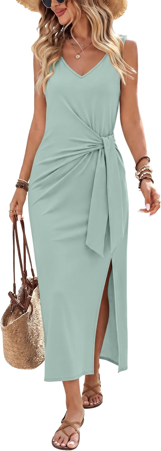 V-Neck Sleeveless Tie-Waist Midi Dress in Green