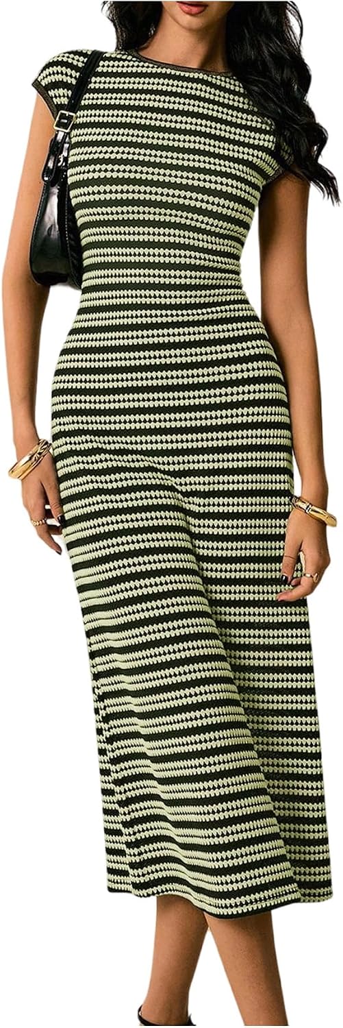 Striped Knit Cap-Sleeve Bodycon Midi Dress in Green Striped