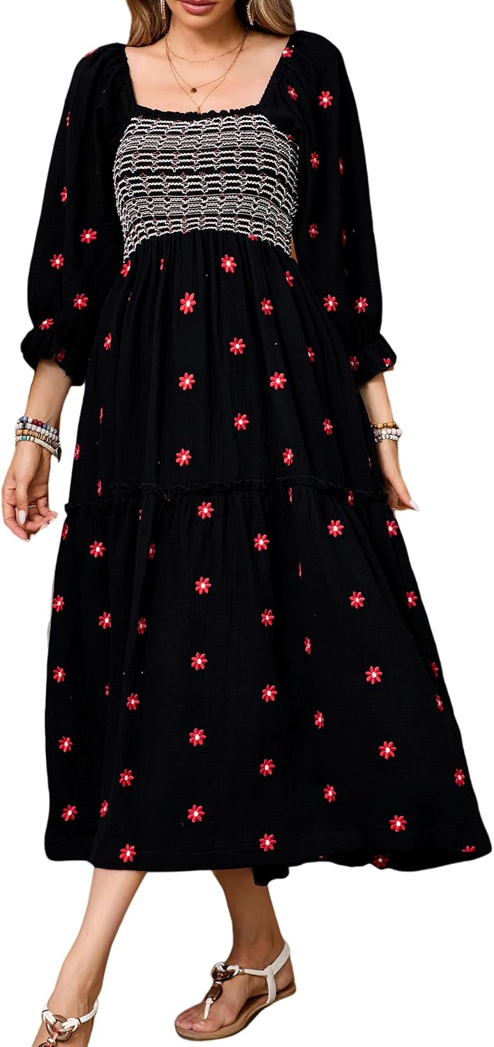 Embroidered Floral Long-Sleeve Tiered Midi Dress in Black