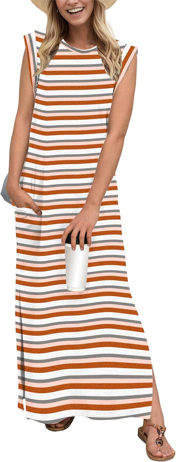 Crew-Neck Loose Maxi Dress with Side Slits and Pockets in Colorful Brown Stripe