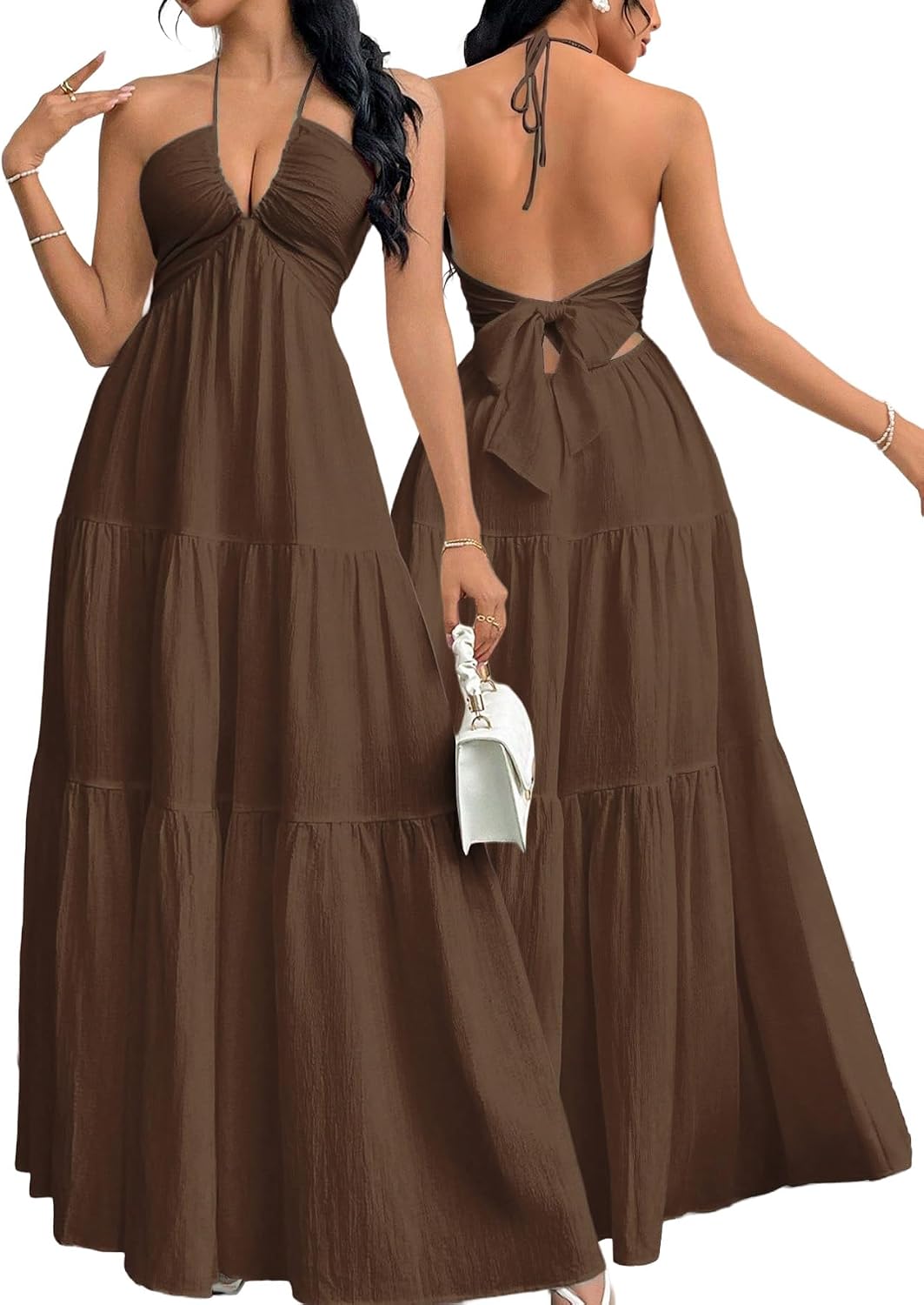 Halter V-Neck A-Line Maxi Dress in Coffee Brown
