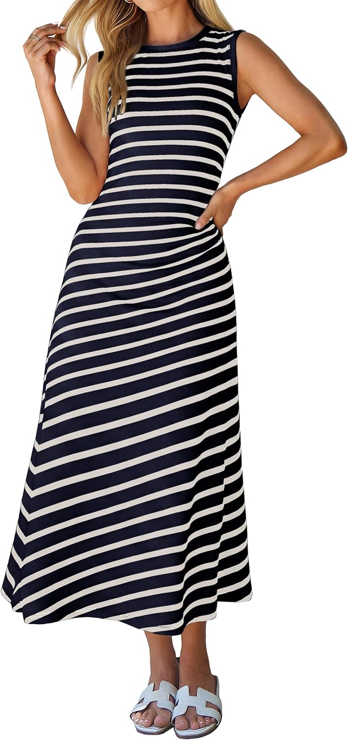 Cap-Sleeve T-Shirt A-Line Midi Dress in Navy Sleeveless