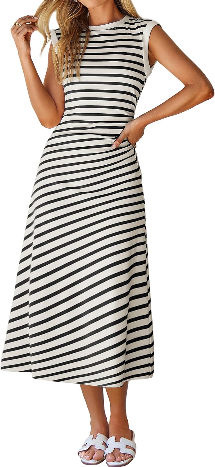 Cap-Sleeve T-Shirt A-Line Midi Dress in Cream