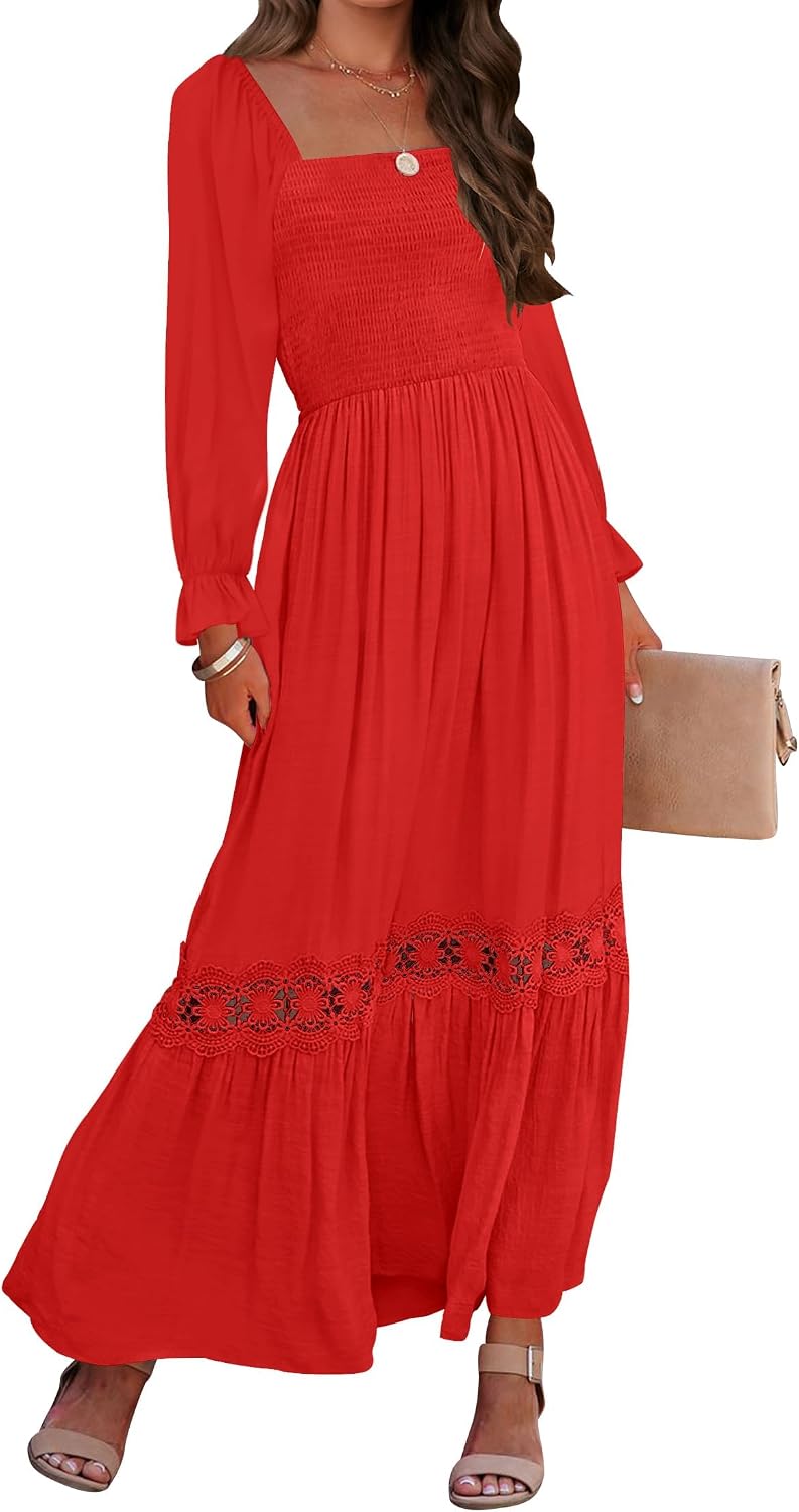 Smocked Square-Neck Long-Sleeve Maxi Dress in Fire Red
