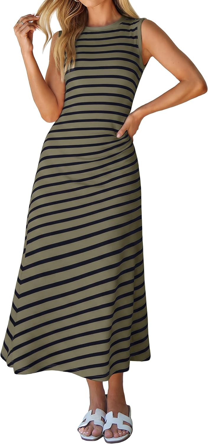 Cap-Sleeve T-Shirt A-Line Midi Dress in Army Green Sleeveless