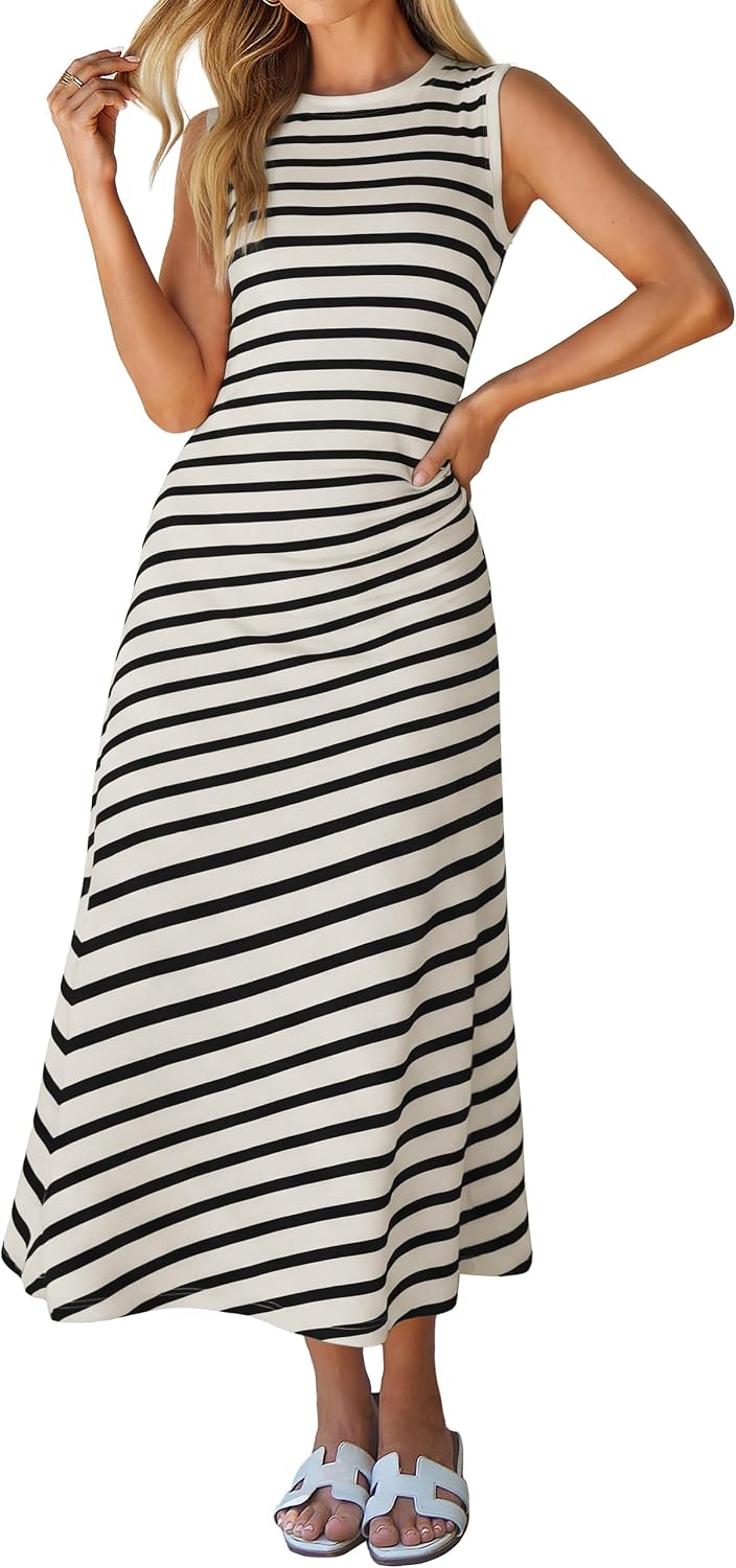 Cap-Sleeve T-Shirt A-Line Midi Dress in Cream Sleeveless