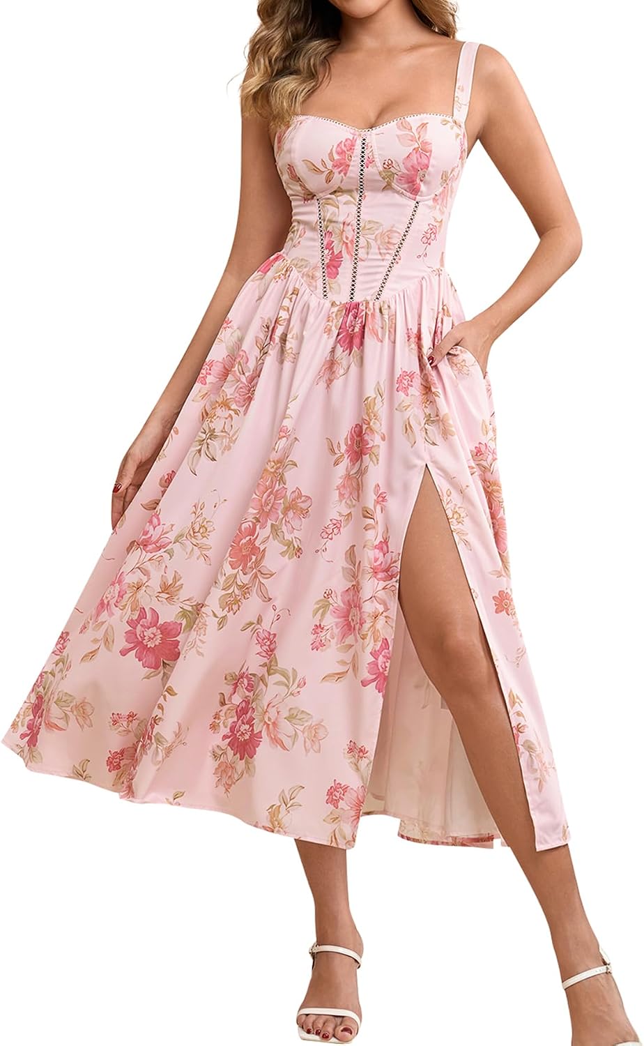 Floral Corset Midi Dress with Slit and Pockets in Pink Rose