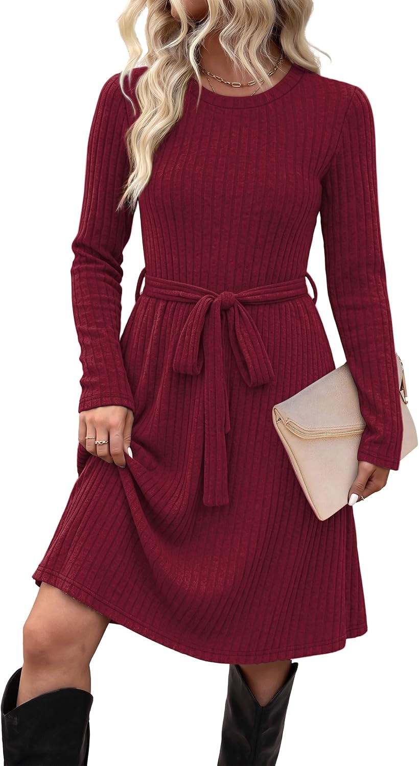 Long-Sleeve Crew-Neck Sweater Dress with Tie Waist and Pockets in Red