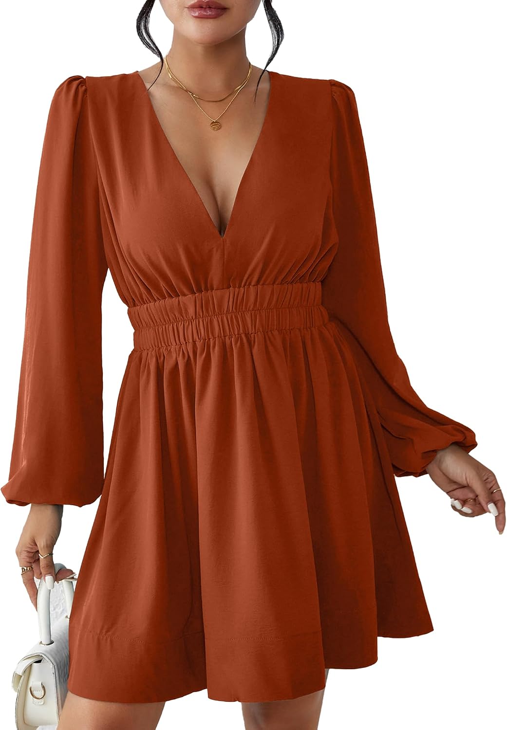 Deep-V Long-Sleeve A-Line Mini Dress in Caramel