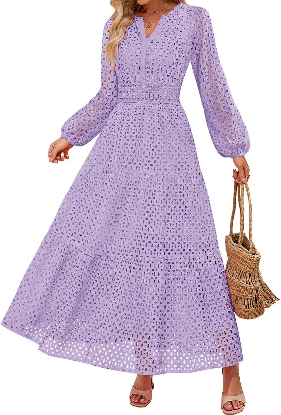 Eyelet V-Neck Long-Sleeve A-Line Dress in Light Purple