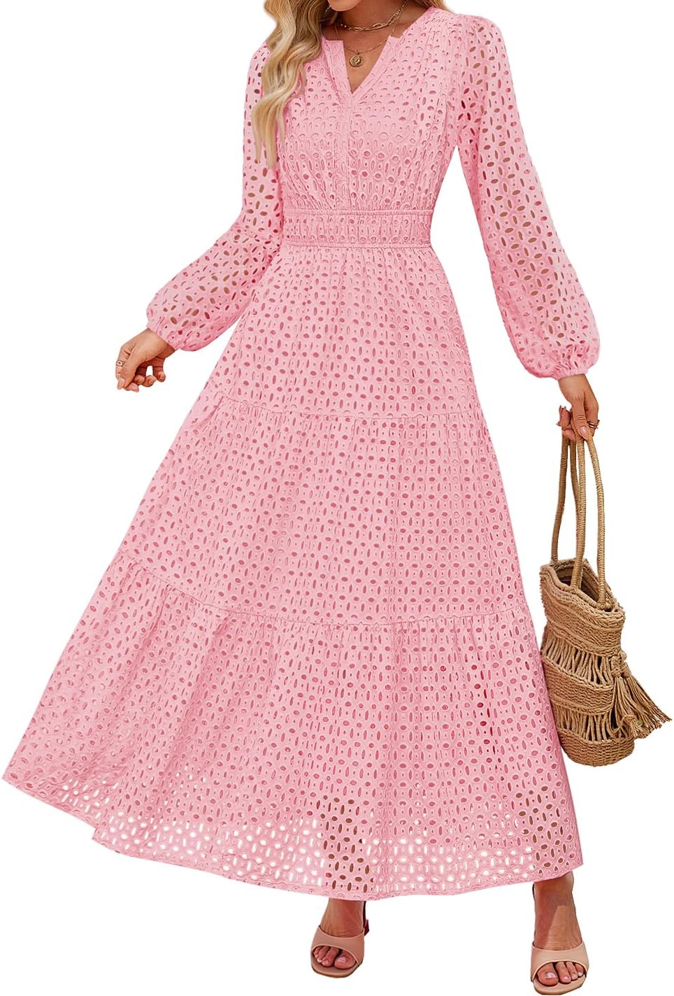Eyelet V-Neck Long-Sleeve A-Line Dress in Pink