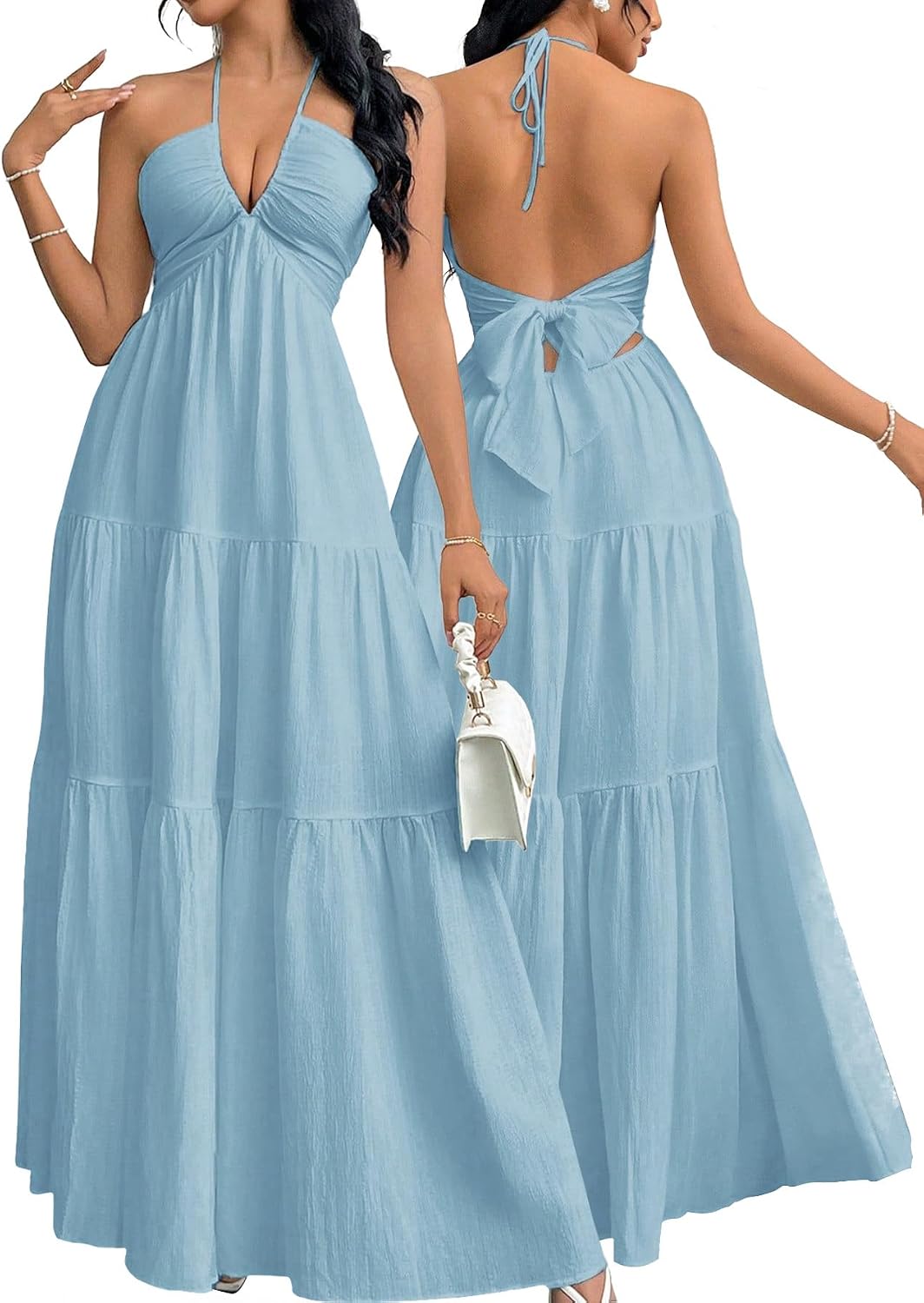 Halter V-Neck A-Line Maxi Dress in Dusty Blue