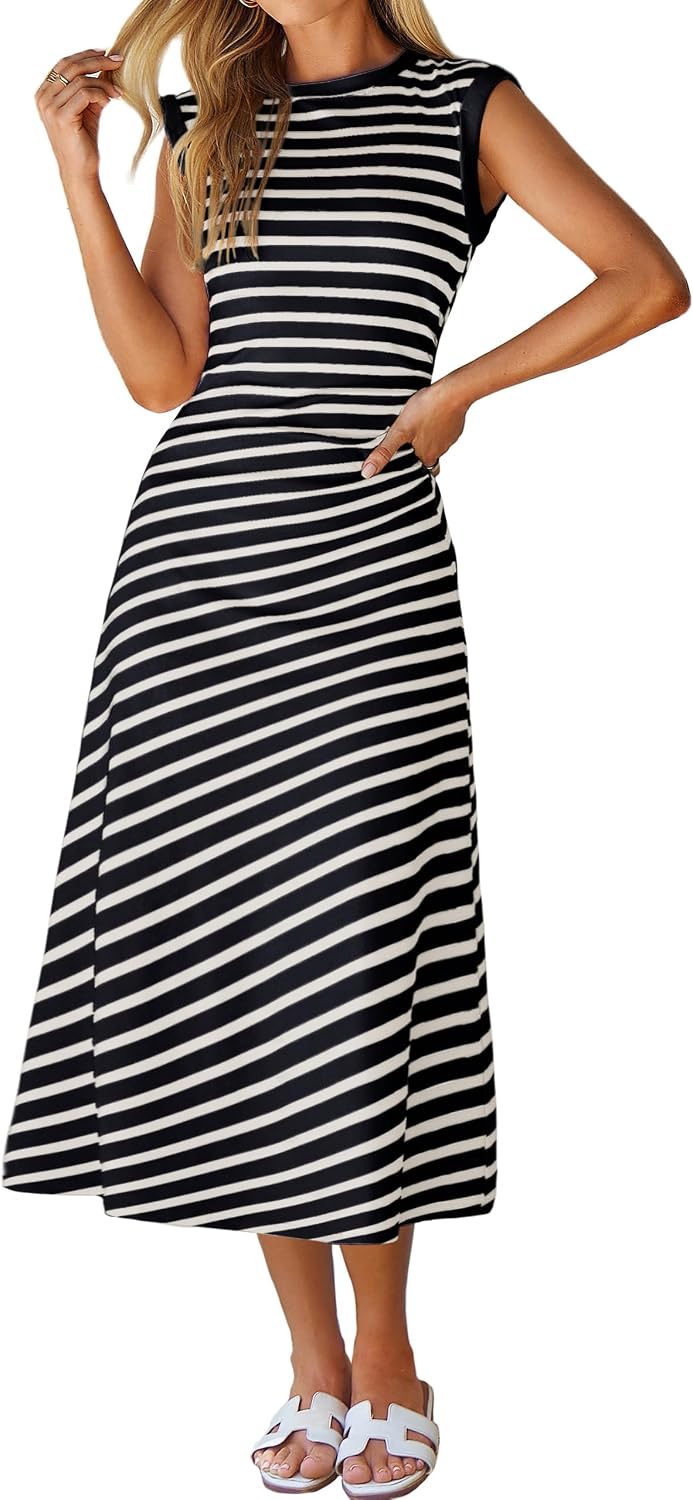 Cap-Sleeve T-Shirt A-Line Midi Dress in Navy