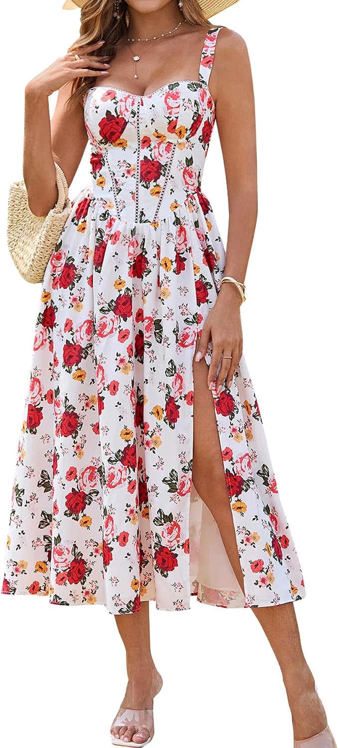 Floral Corset Midi Dress with Slit and Pockets in Multi Rose