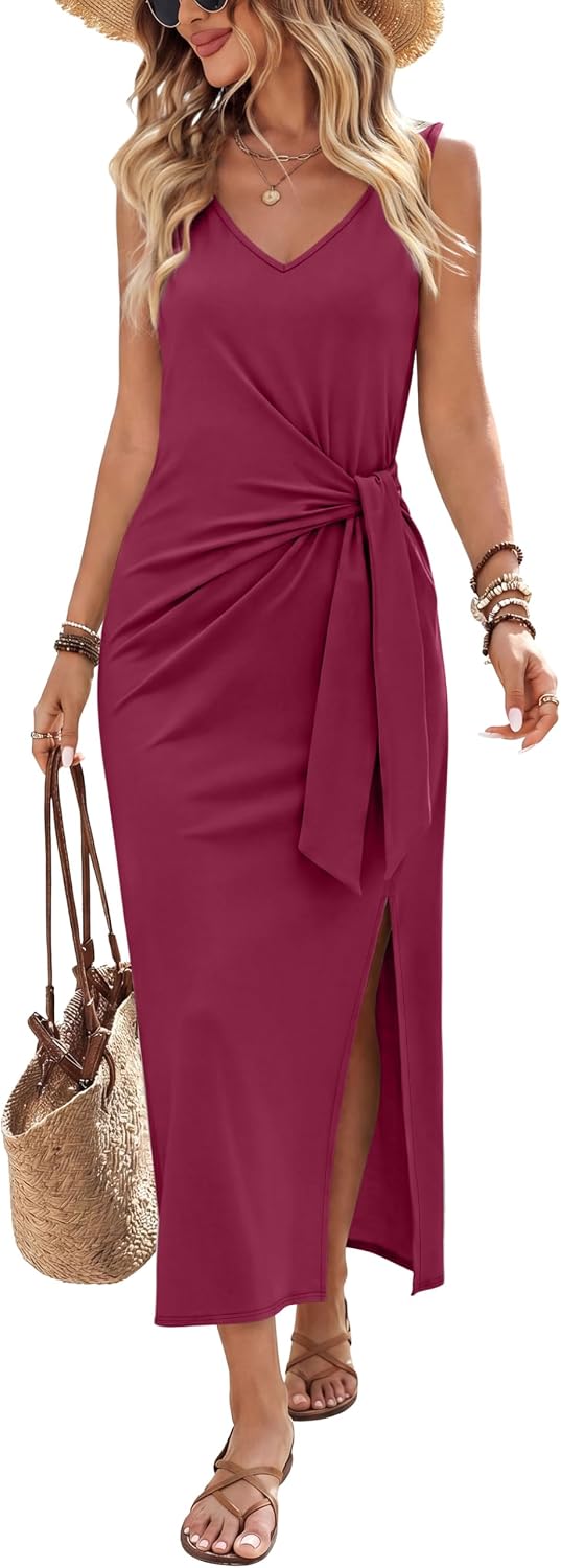 V-Neck Sleeveless Tie-Waist Midi Dress in Burgundy