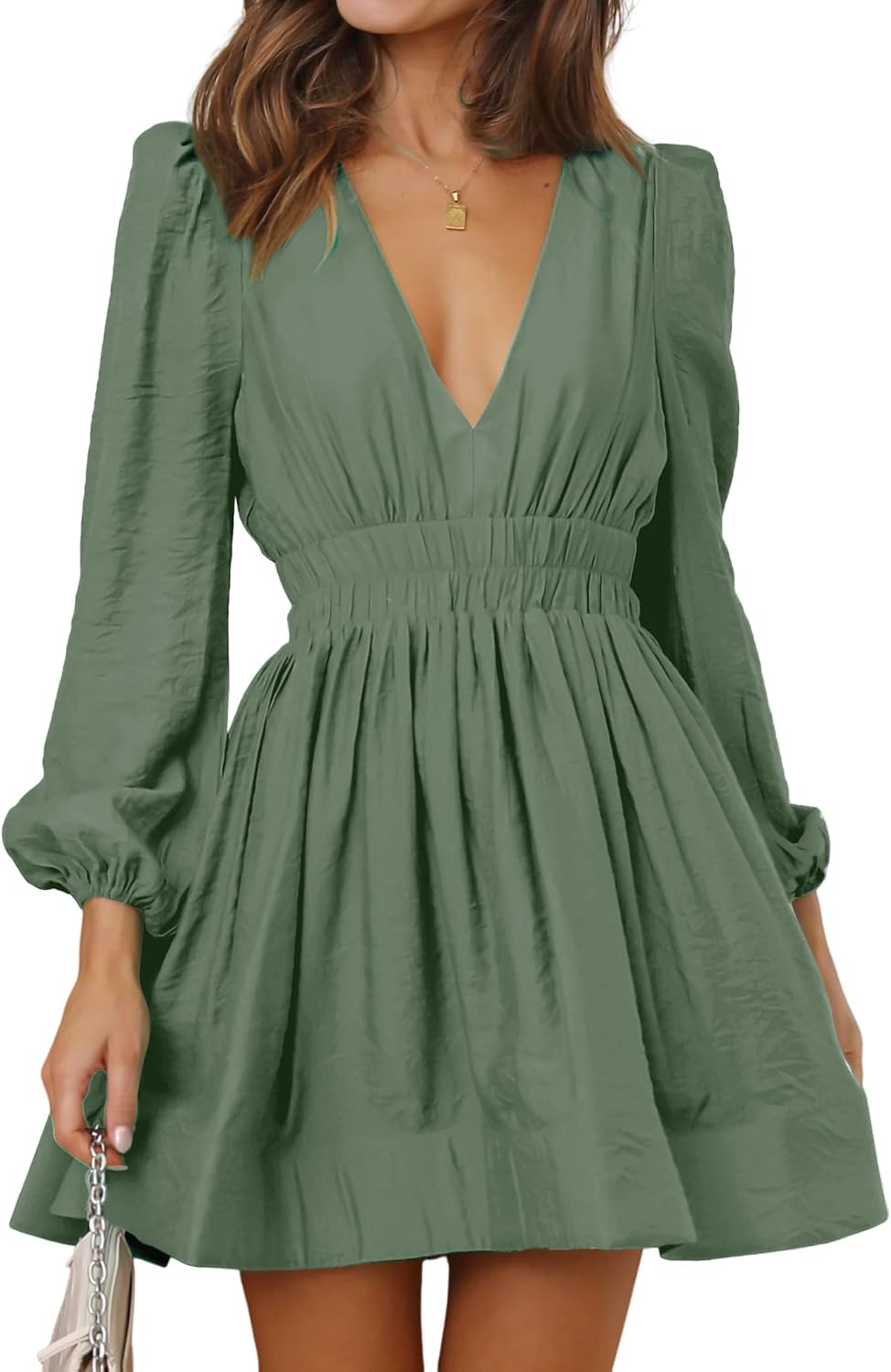 Deep-V Long-Sleeve A-Line Mini Dress in Army Green