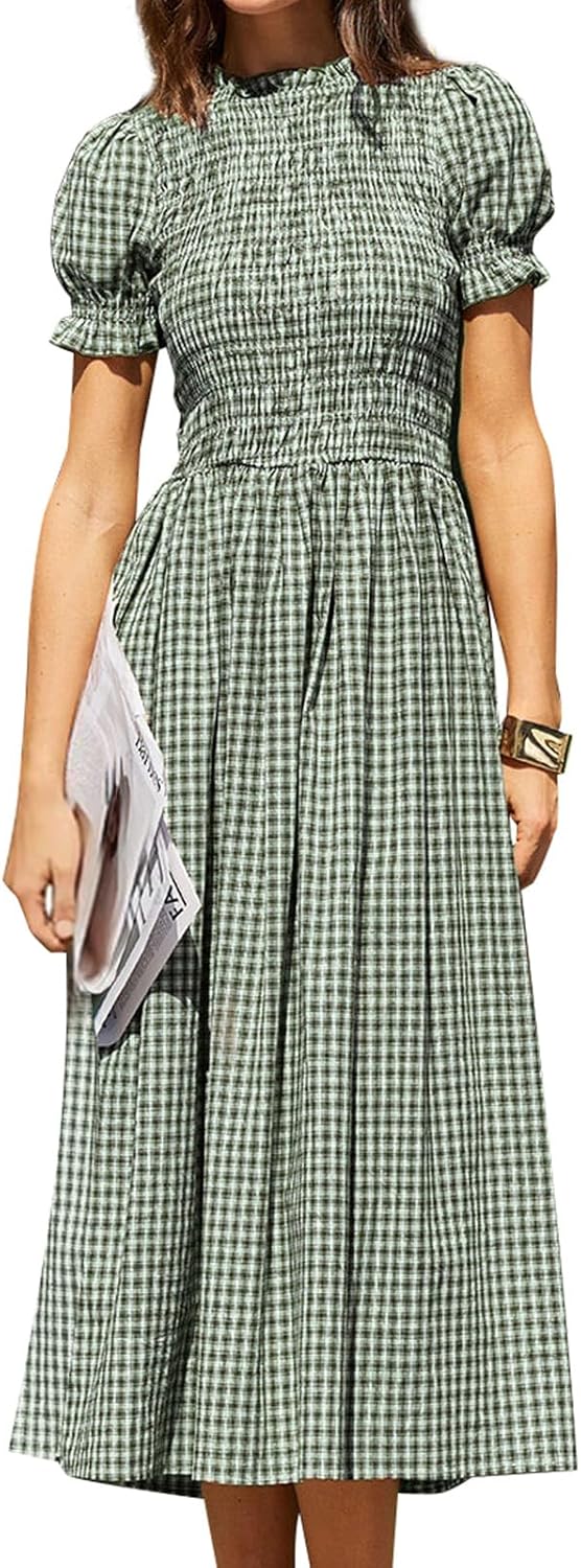 Gingham Puff-Sleeve Smocked Midi Dress in Green (Long)
