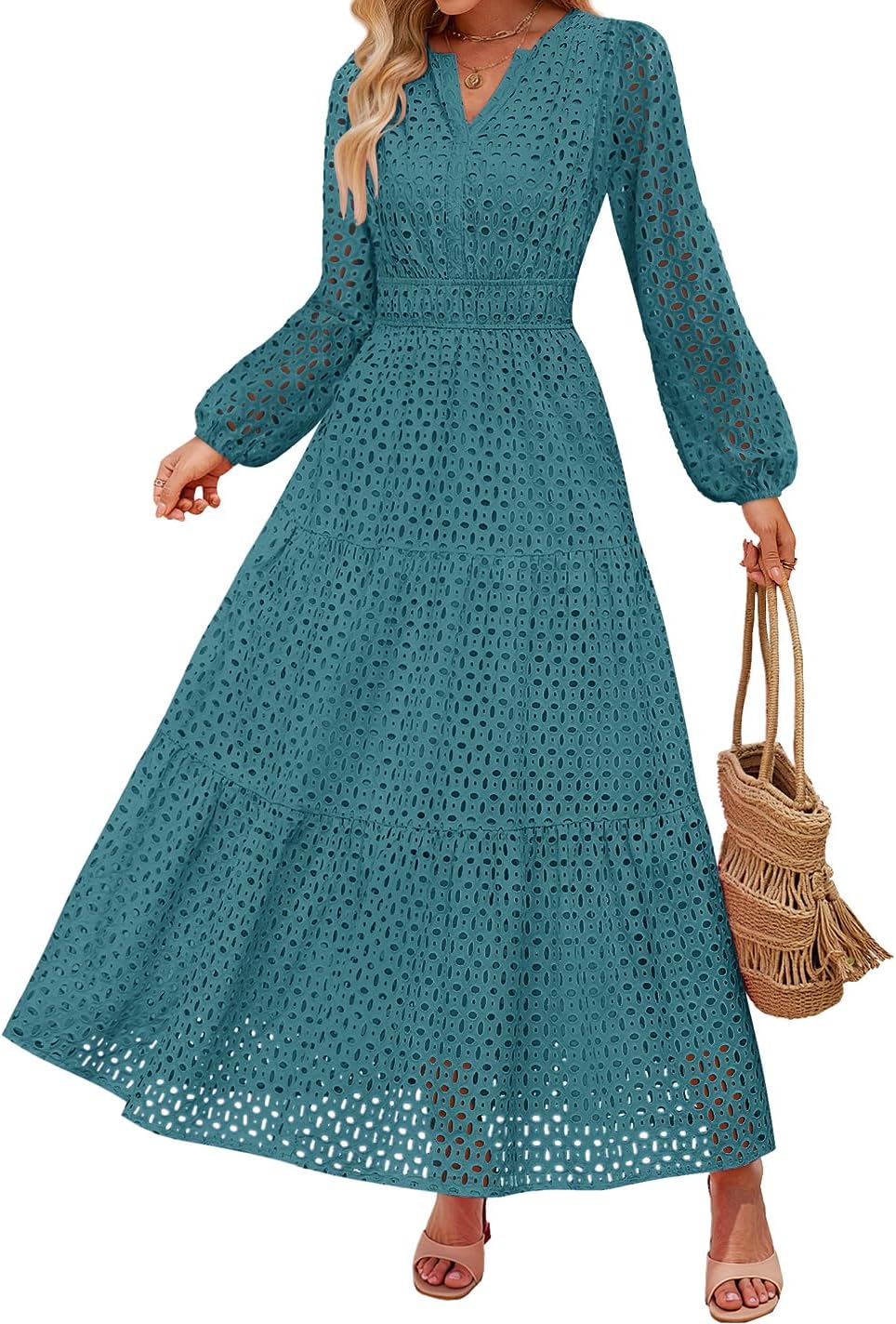 Eyelet V-Neck Long-Sleeve A-Line Dress in Teal