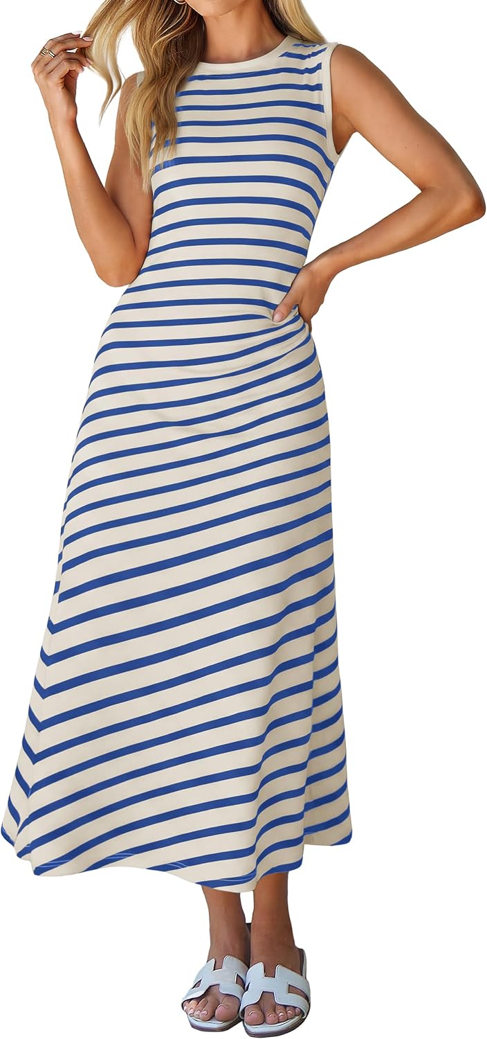 Cap-Sleeve T-Shirt A-Line Midi Dress in Blue Sleeveless