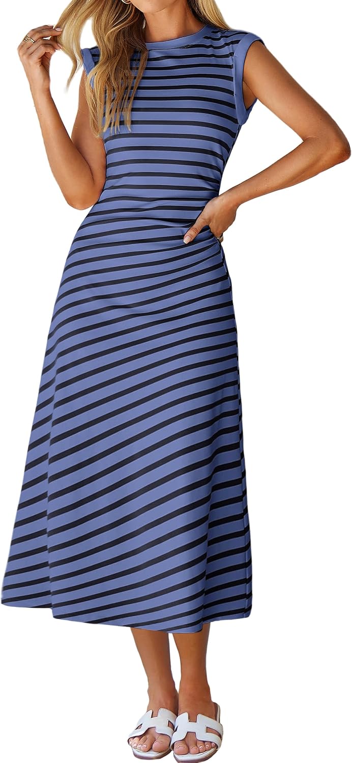 Cap-Sleeve T-Shirt A-Line Midi Dress in Dusty Blue