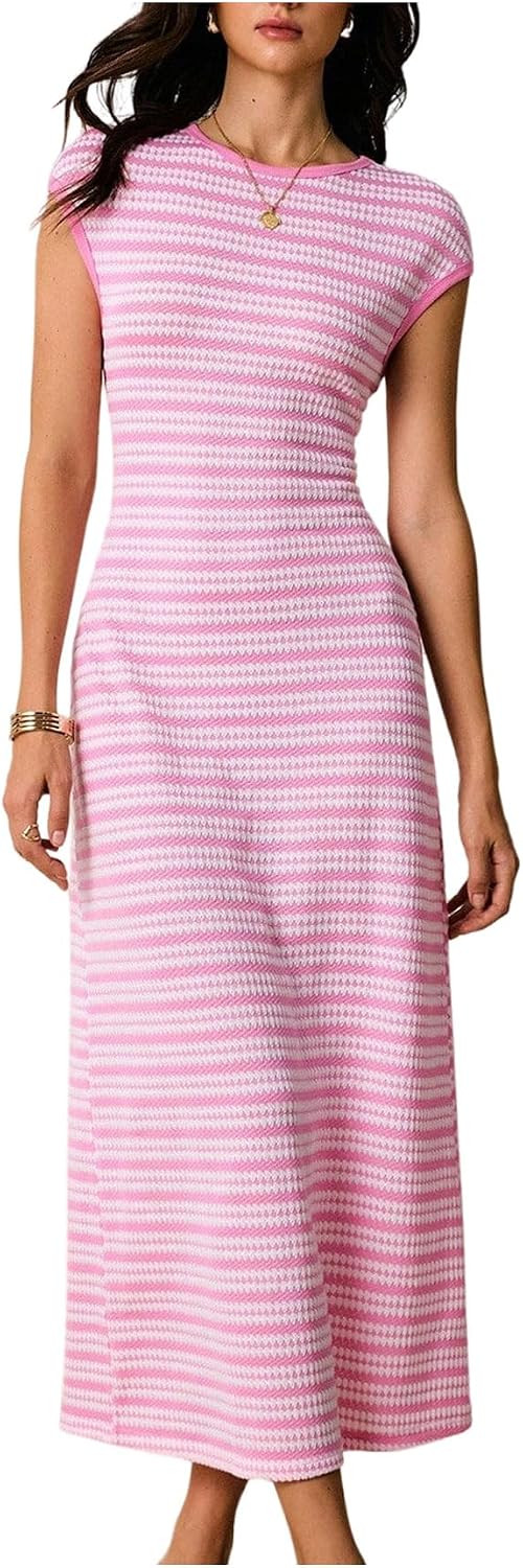 Striped Knit Cap-Sleeve Bodycon Midi Dress in Pink Striped