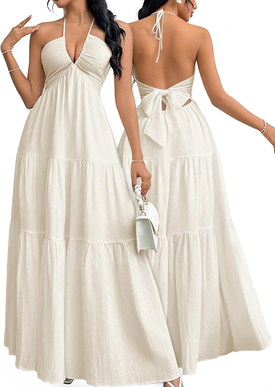 Halter V-Neck A-Line Maxi Dress in Beige