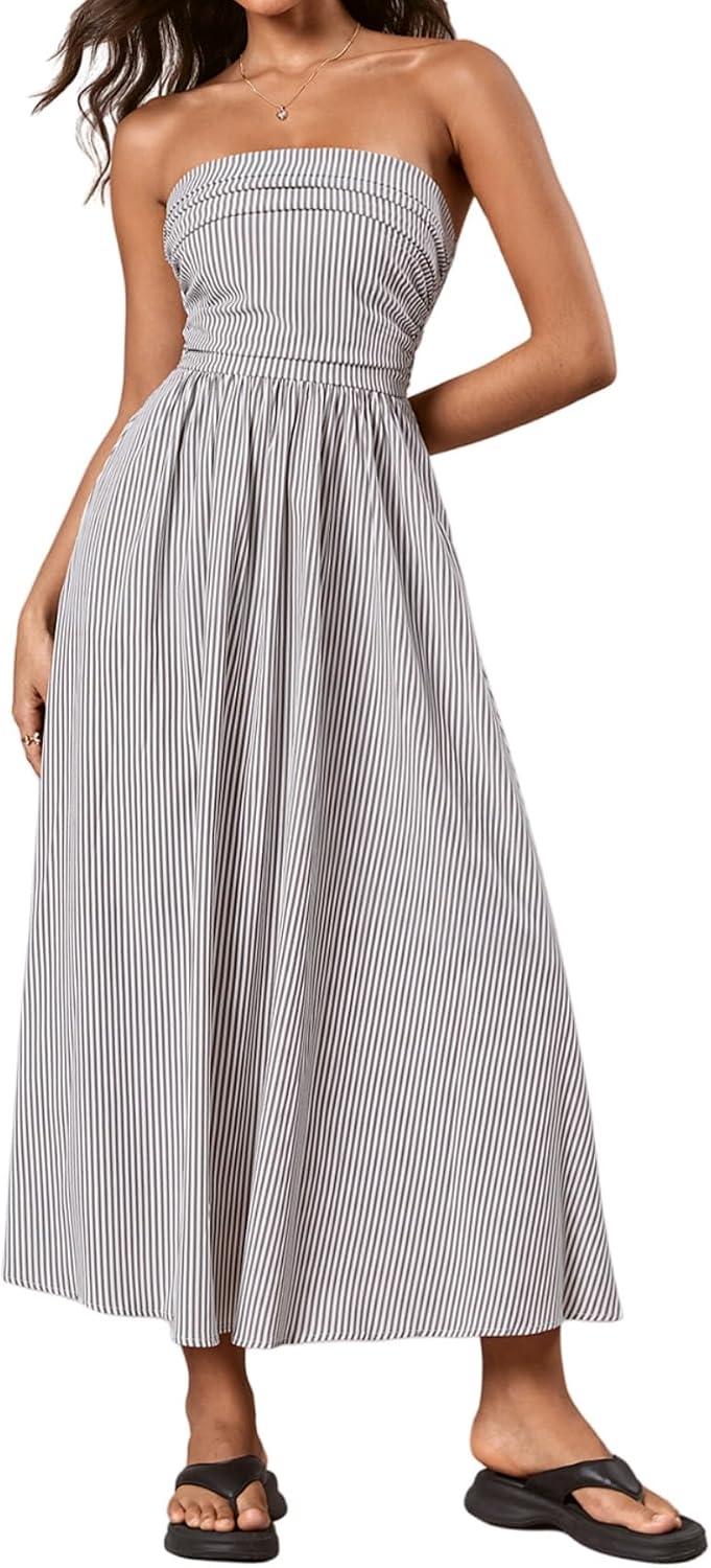 Striped Strapless A-Line Maxi Dress with Pockets in Brown