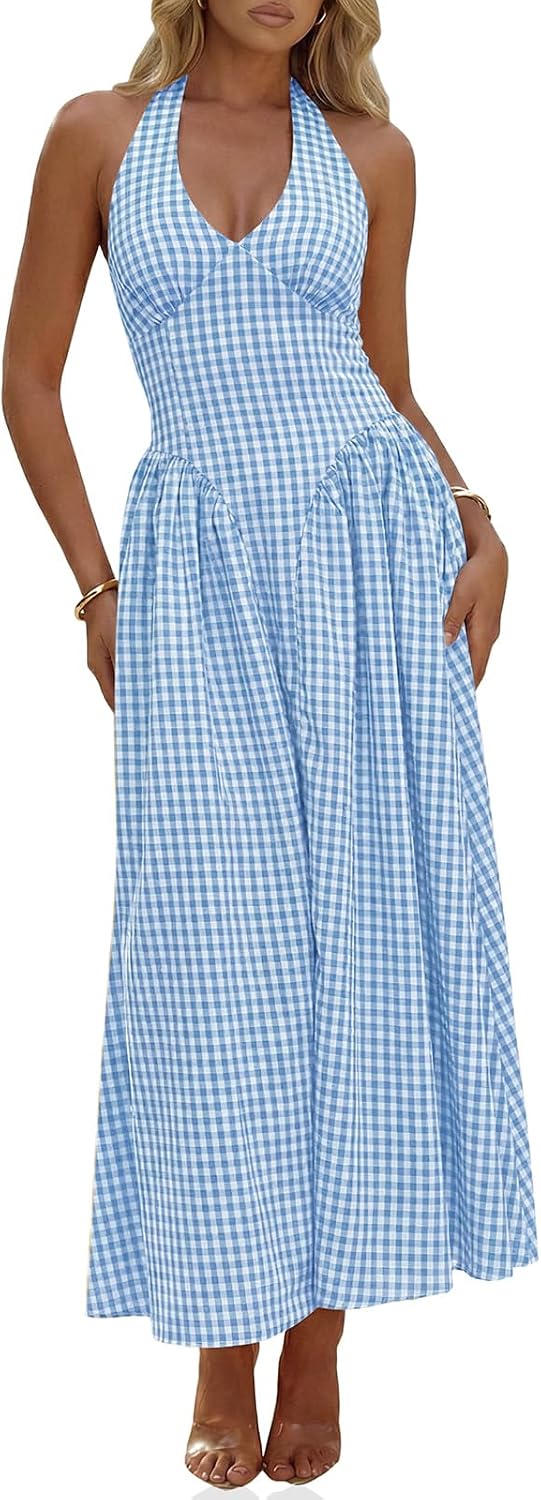 Plaid Halter Corset Maxi Dress with Pockets in Light Blue