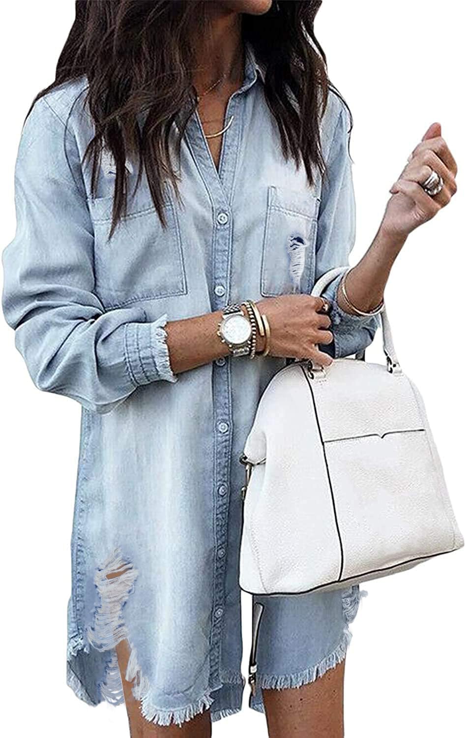 Long-Sleeve Button-Down Denim Shirt Dress with Fringe Hem in Ripped Light Blue
