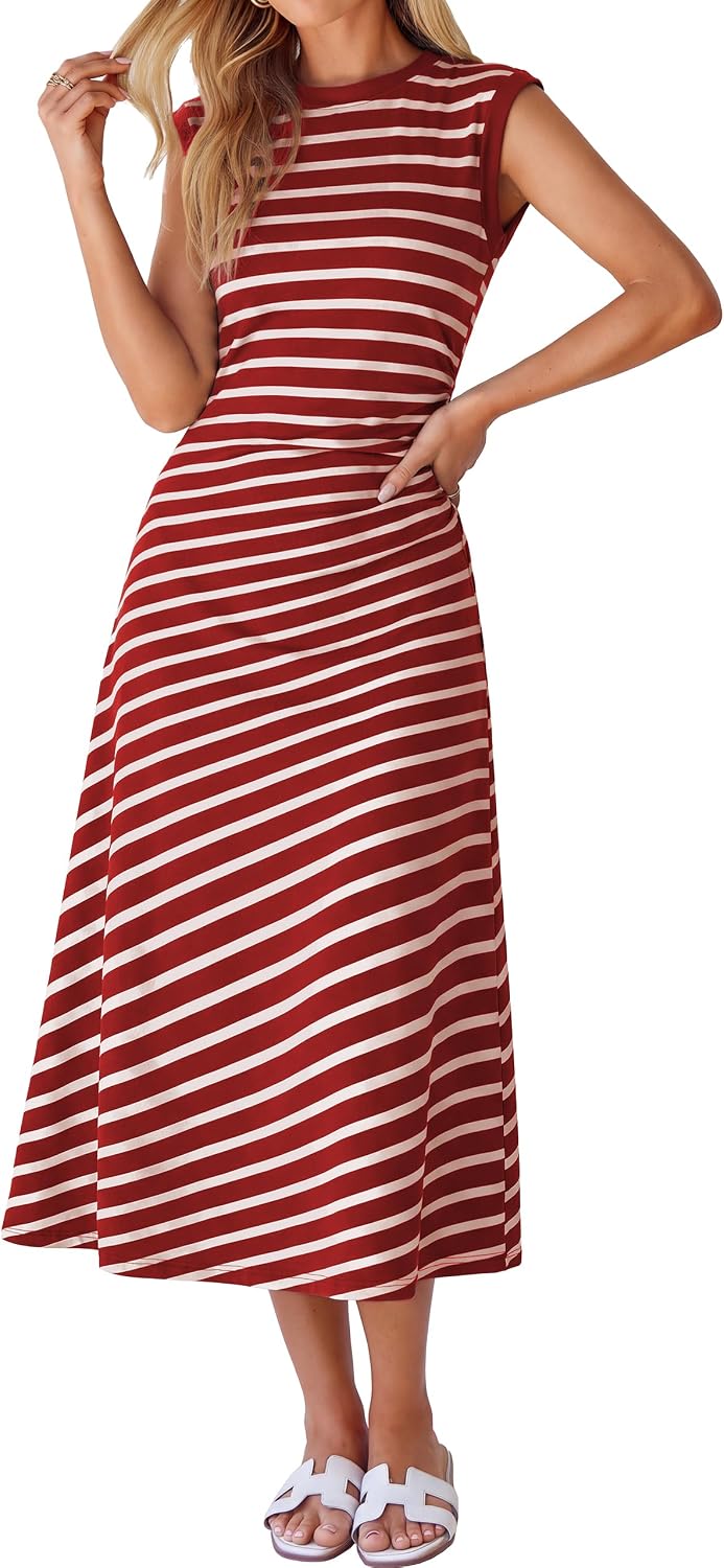 Cap-Sleeve T-Shirt A-Line Midi Dress in Burgundy